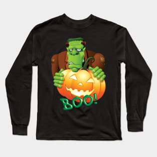 Frankenstein Cartoon with Jack o'Lantern Long Sleeve T-Shirt